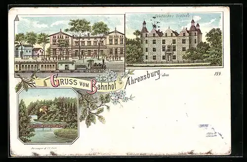 Lithographie Ahrensburg, Bahnhof, Gräfliches Schloss
