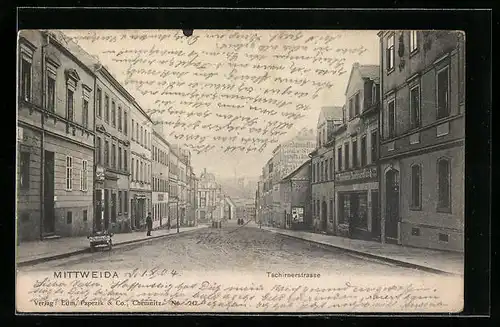 AK Mittweida, Tschirnerstrasse mit Geschäften