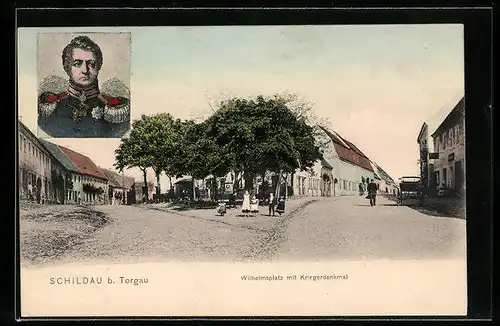 AK Schildau b. Torgau, Wilhelmsplatz mit Kriegerdenkmal