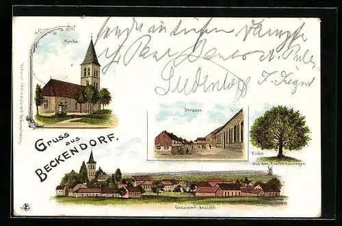 Lithographie Beckendorf, Kirche, Strassenpartie, Eiche aus den Freiheitskriegen