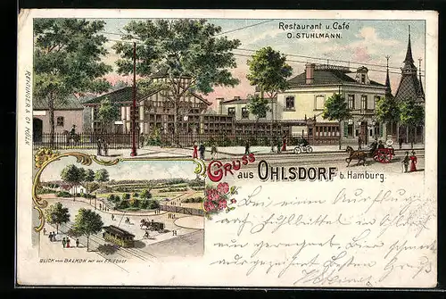 Lithographie Hamburg-Ohlsdorf, Restaurant-Café von O. Stuhlmann, Friedhof und Strassenbahn