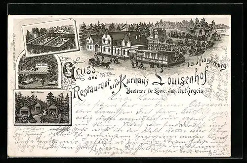 Lithographie Magdeburg, Restaurant und Kurhaus Louisenhof, Sonnen-Bad, Sand-Bäder