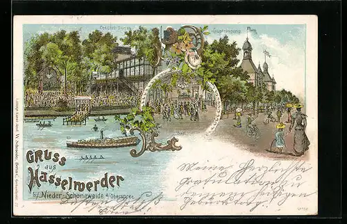 Lithographie Berlin-Niederschöneweide /Oberspree, Gaststätte Hasselwerder mit Garten und Bootssteg