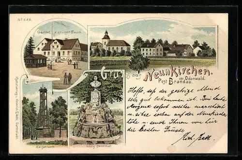 Lithographie Neunkirchen, Gasthof zum grünen Baum, Ohly Denkmal