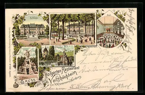 Lithographie Veitshöchheim, Hofgarten-Restaurant, Schloss, Seepartie