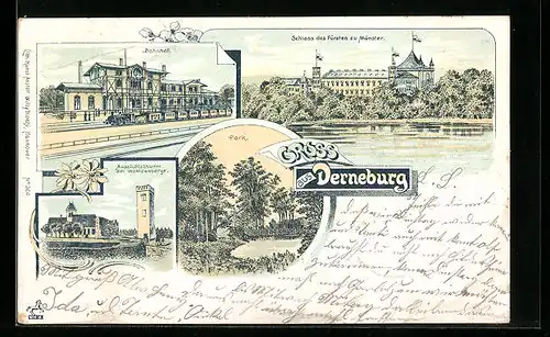 Lithographie Derneburg, Bahnhof, Schloss des Fürsten zu Münster