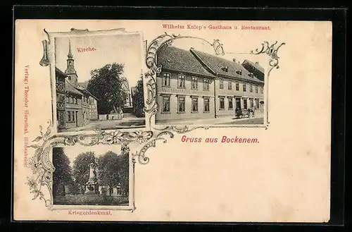 Passepartout-AK Bockenem, Wilhelm Knieps Gasthaus und Restaurant, Kriegerdenkmal und Kirche