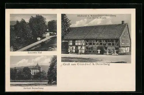 AK Grasdorf bei Derneburg, Bäckerei und Kolonialwaren H. Rasch, Innerste-Tal, Schloss Derneburg