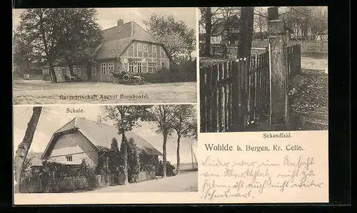 AK Wohlde b. Bergen, Gasthaus August Hornbostel, Schule, Schandfahl