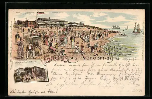 Lithographie Norderney, Strandleben mit Lesehalle H. Braams, Victoria-Halle und Marienhöhle