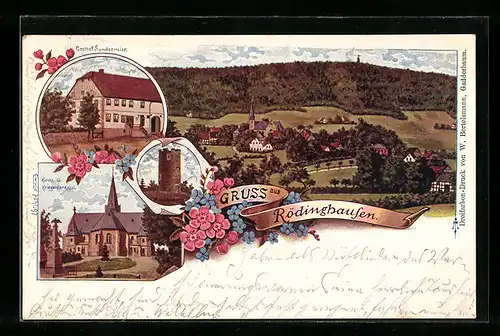 AK Rödinghausen, Panorama, Gasthof Sundermeier, Kirche und Kriegerdenkmal