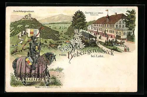 Lithographie Hohengeroldseck bei Lahr, Gasthaus zum Löwen, Burgruine