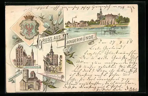 Lithographie Tangermünde, Rathaus, Hünerdorfer Thor, Neustädter Thor