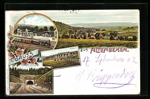 Lithographie Altenbeken, Bahnhof, Tunnel-Portal, Viaduct
