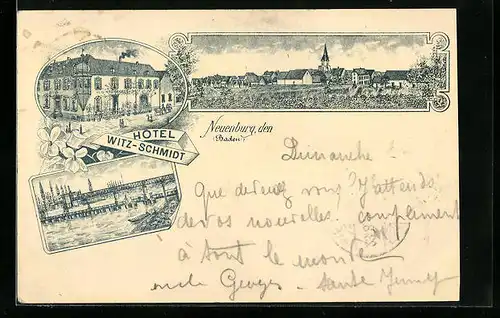 Lithographie Neuenburg /Baden, Hotel Witz-Schmidt, Ortsansicht