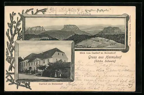 AK Hermsdorf / Sächs. Schweiz, Gasthof zu Hermsdorf, Panorama