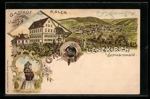 Lithographie Lenzkirch i. Schwarzwald, Gasthof zum Adler, Teilansicht, Frau in Tracht