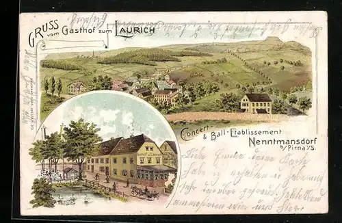 Lithographie Nentmannsdorf b. Pirna i. S., Gasthof zum Laurich, Ortsansicht