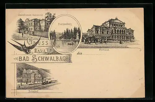 Lithographie Bad Schwalbach, Bahnhof, Kurhaus, Lindenbrunnen-Badeanstalt