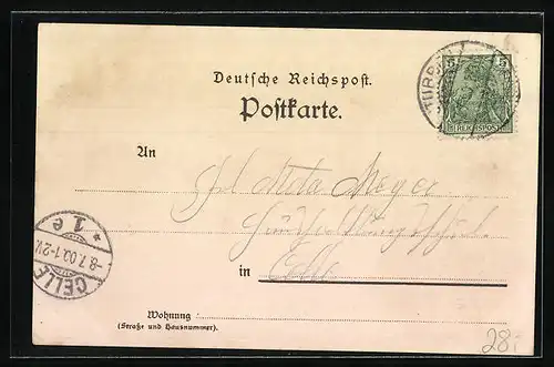 Lithographie Stubben, Bahnhof, Harkes Gasthaus mit Post