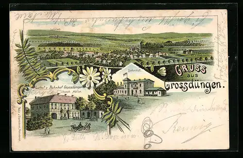 Lithographie Grossdüngen, Gasthof z. Bahnhof, Inh.: Joseph Müller, Bahnhof