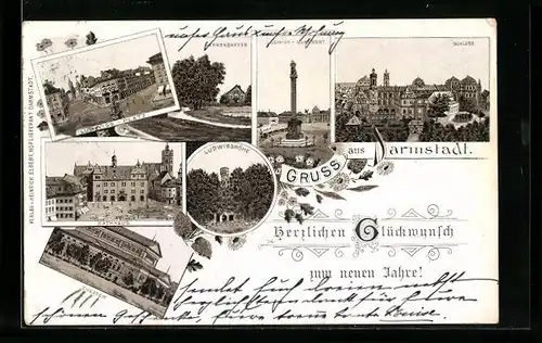 Vorläufer-Lithographie Darmstadt, 1895, Rathaus, Schloss, Theater, Ludwigs-Platz