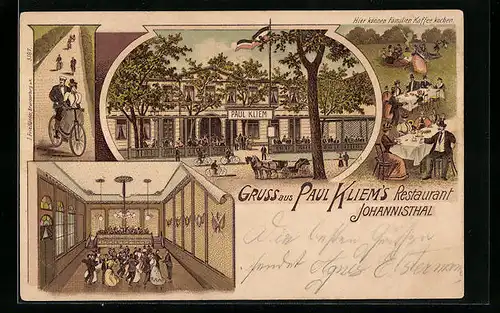 Lithographie Johannisthal, Paul Kliems Restaurant, Garten, Tanzsaal