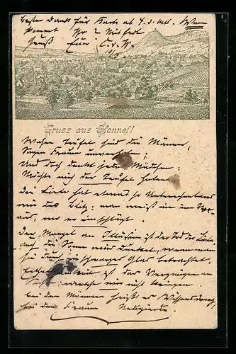 Lithographie Honnef, Ortsansicht aus der Vogelschau