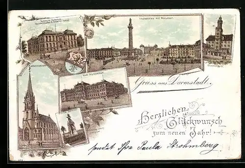 Vorläufer-Lithographie Darmstadt, 1894, Louisenplatz mit Monument, Technische Hochschule, Johanniskirche