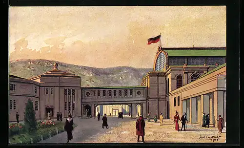 Künstler-AK Stuttgart, Ausstellung für Gesundheitspflege 1914, Verbindung zwischen Haupthalle und Industriegebäude