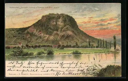 Lithographie Hohentwiel, Herzogin Hadwig & Ekkehard den Vigri lesend, Killinger Nr. 90, Berggesichter