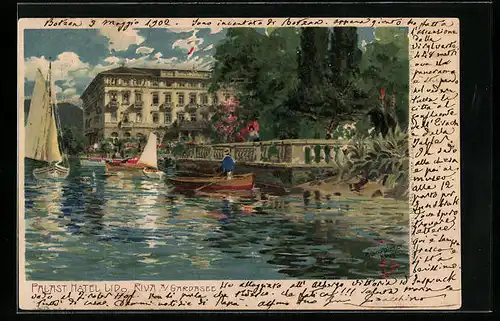 Künstler-AK Zeno Diemer: Riva, Palast Hotel Lido