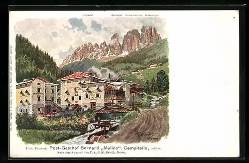 Künstler-AK F.A.C.M. Reisch: Campitello, Post-Gasthof Bernard Mulino