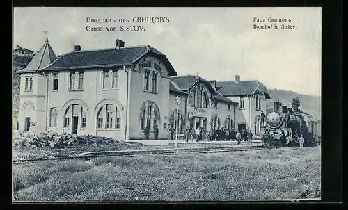 AK Sistov, Eisenbahnzug hält im Bahnhof