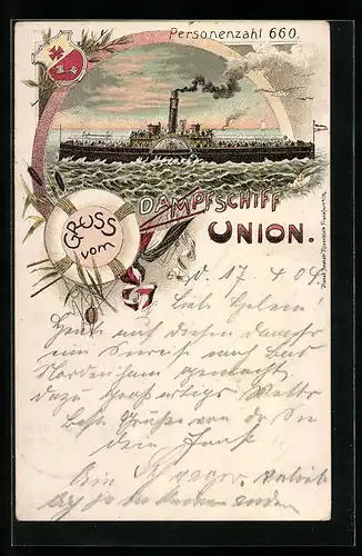 Lithographie Dampfschiff Union