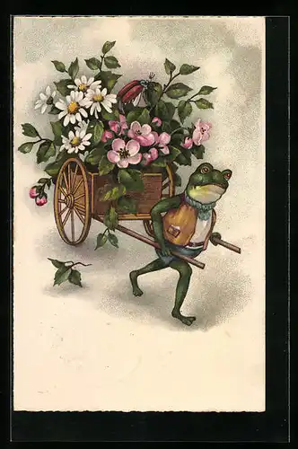 Künstler-AK Frosch mit Handkarren voller Blumen