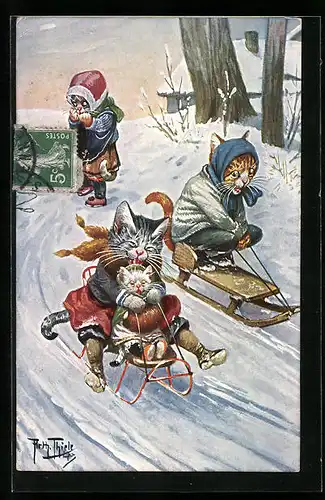 Künstler-AK Arthur Thiele: Katzen beim Rodeln im Winter