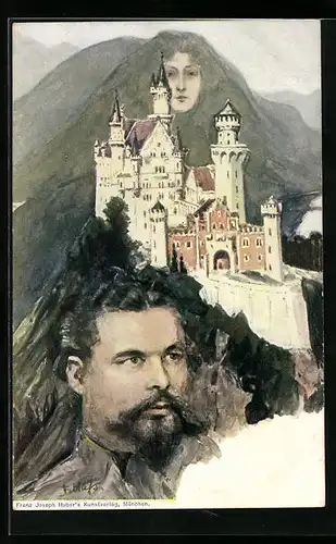 Künstler-AK Fritz Hass: Schloss Neuschwanstein, Berg mit Gesicht / Berggesichter, Ludiwg II.