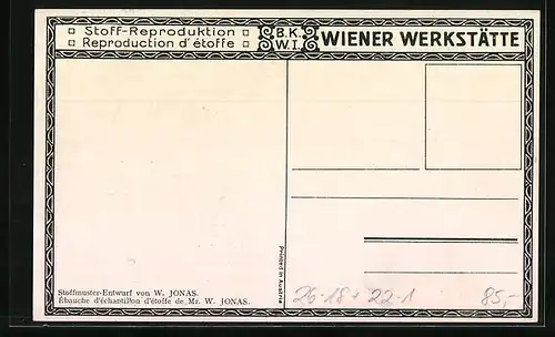 Künstler-AK Wiener Werkstätte Nr.: Stoffmuster-Entwurf von W. Jonas, Neujahrsgruss in hebräischer Schrift