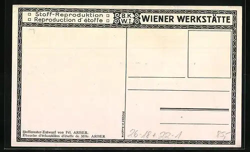 Künstler-AK Wiener Werkstätte Nr.: Stoffmuster-Entwurf von Frl. Arber, Neujahrsgruss in hebräischer Schrift