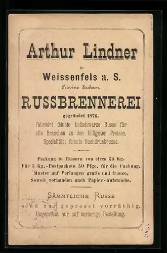 Vorläufer-AK Weissenfels a. S., 1880, Russbrennerei Arthur Lindner