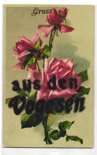 Glitzer-Perl-AK Vogesen-Gruss mit Rosen u. Glitzer-Perlen