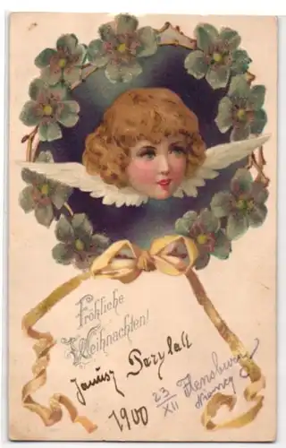 AK Weihnachtsengel im funkelden Blumenkranz