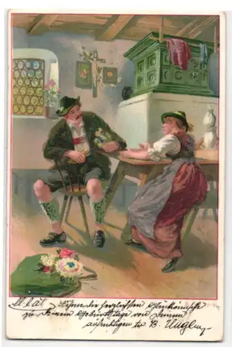 Glitzer-Perl-AK Ehepaar in Tracht am Küchentisch mit Glitzer-Perlen