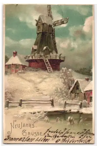 Glitzer-Perl-AK Windmühle im Schnee mit Glitzer-Perlen