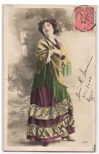 Glitzer-Perl-AK Tänzerin mit Glitzer-Perlen