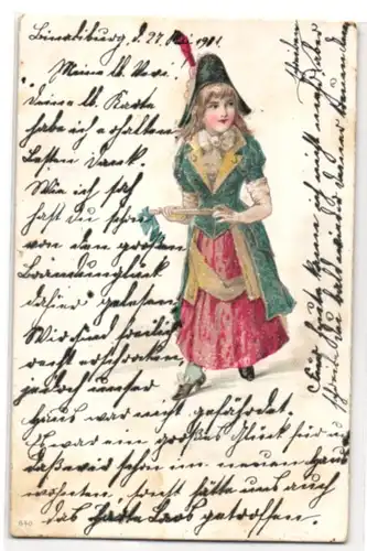 Glitzer-Perl-AK Junges Mädchen m. Napoleon-Hut mit Glitzer-Perlen