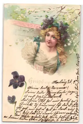 Glitzer-Perl-AK Junge Frau m. Blumenschmuck mit Glitzer-Perlen