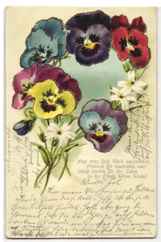 Glitzer-Perl-AK Bunte Stiefmütterchen mit Glitzer-Perlen