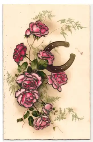 Glitzer-Perl-AK Hufeisen und Rosen mit Glitzer-Perlen
